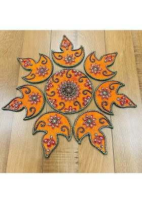 Mishita Collections Yellow Wooden Handcrafted Decorative Diya Rangoli Set with Kundan Work for Diwali