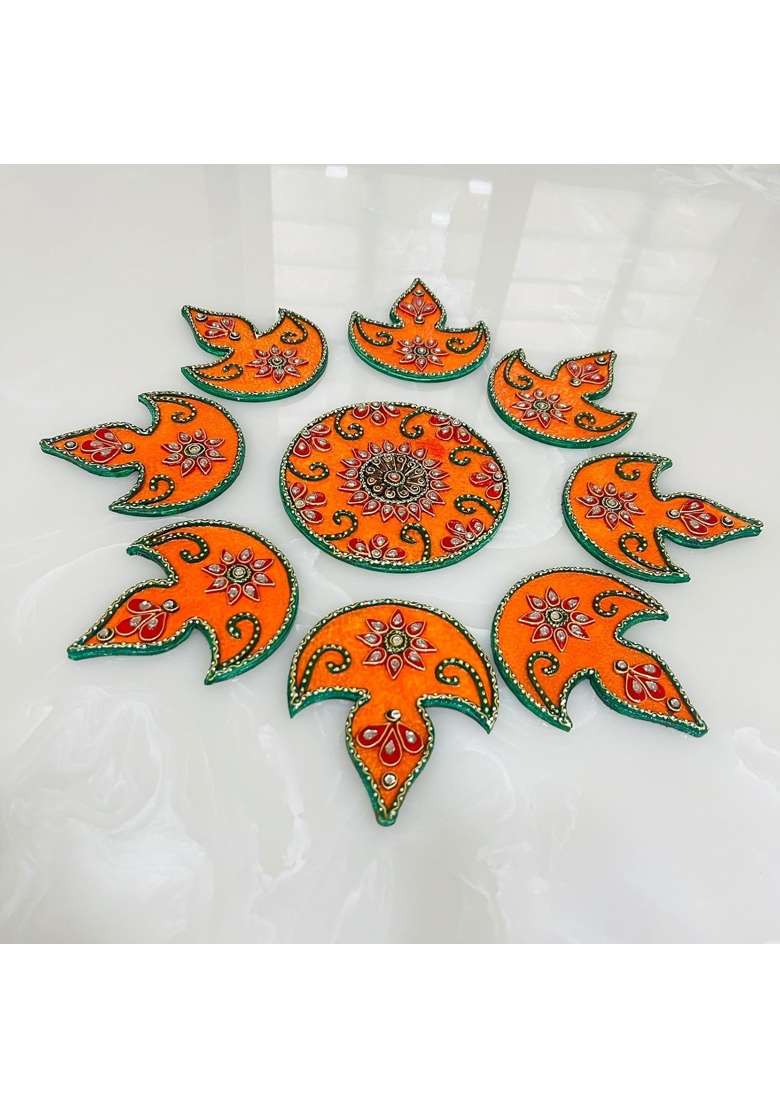 Mishita Collections Yellow Wooden Handcrafted Decorative Diya Rangoli Set with Kundan Work for Diwali - Indya