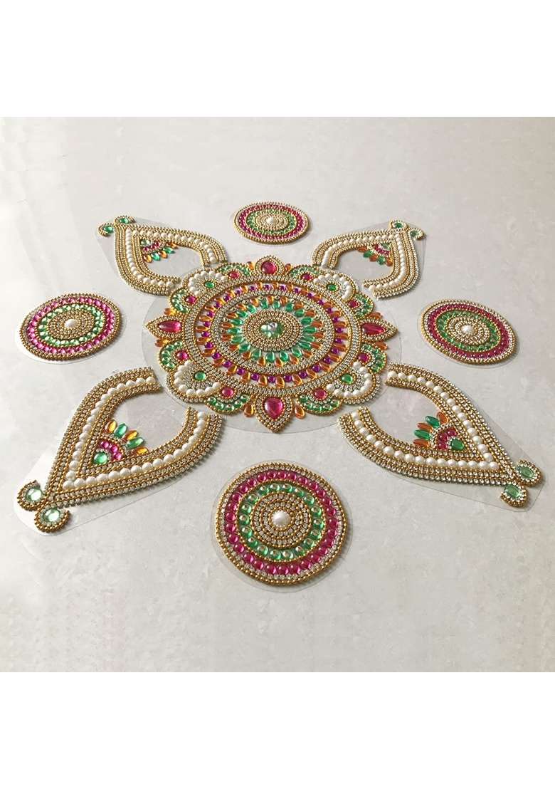 Aabhaas Design Floor Wall Table Kundan Rangoli Acrylic Handcrafted Decorative Kundan Rangoli Set Rangoli - Indya
