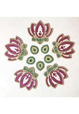 Aabhaas Design Multicolour Lotus Flower Acrylic Kundan Rangoli Handcrafted Decorative Rangoli for Floor