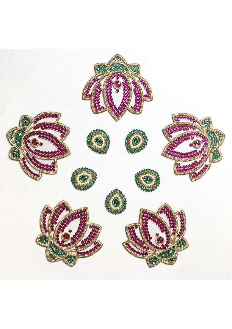 Aabhaas Design Multicolour Lotus Flower Acrylic Kundan Rangoli Handcrafted Decorative Rangoli for Floor - Indya