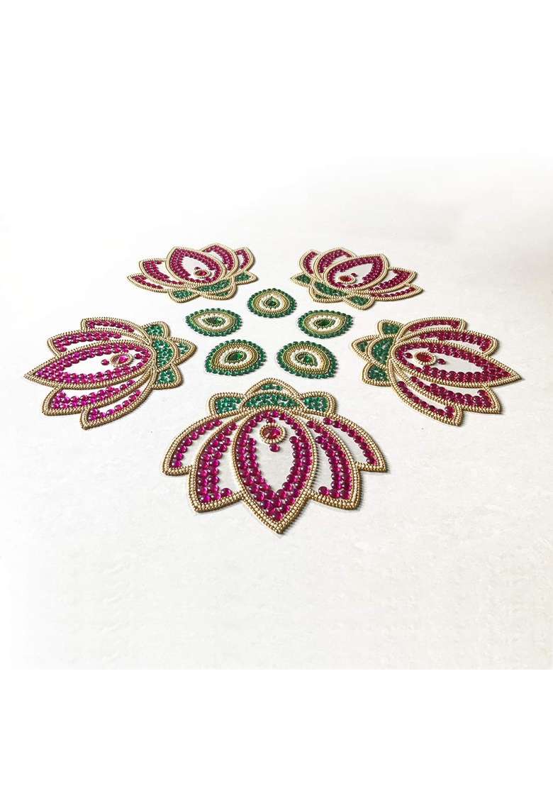 Aabhaas Design Multicolour Lotus Flower Acrylic Kundan Rangoli Handcrafted Decorative Rangoli for Floor - Indya