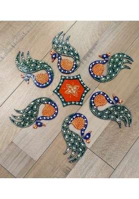 Mishita Collections Green Wooden Handcrafted Decorative Peacock Rangoli Set with Kundan Work for Diwali