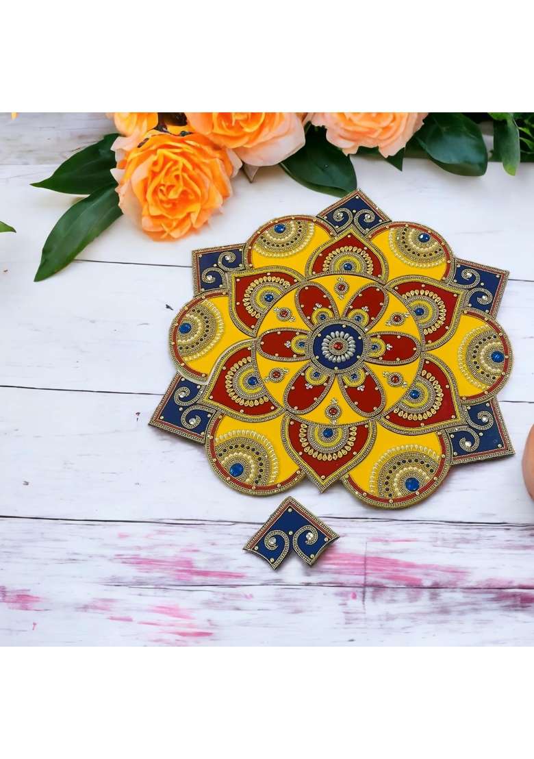 Multicolour Ready to Use Kundan Rangoli 20 Inches Heavy Work Acrylic Base - Indya