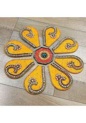 Mishita Collections Wooden Handcrafted Decorative Rangoli Set with Kundan Work for Diwali