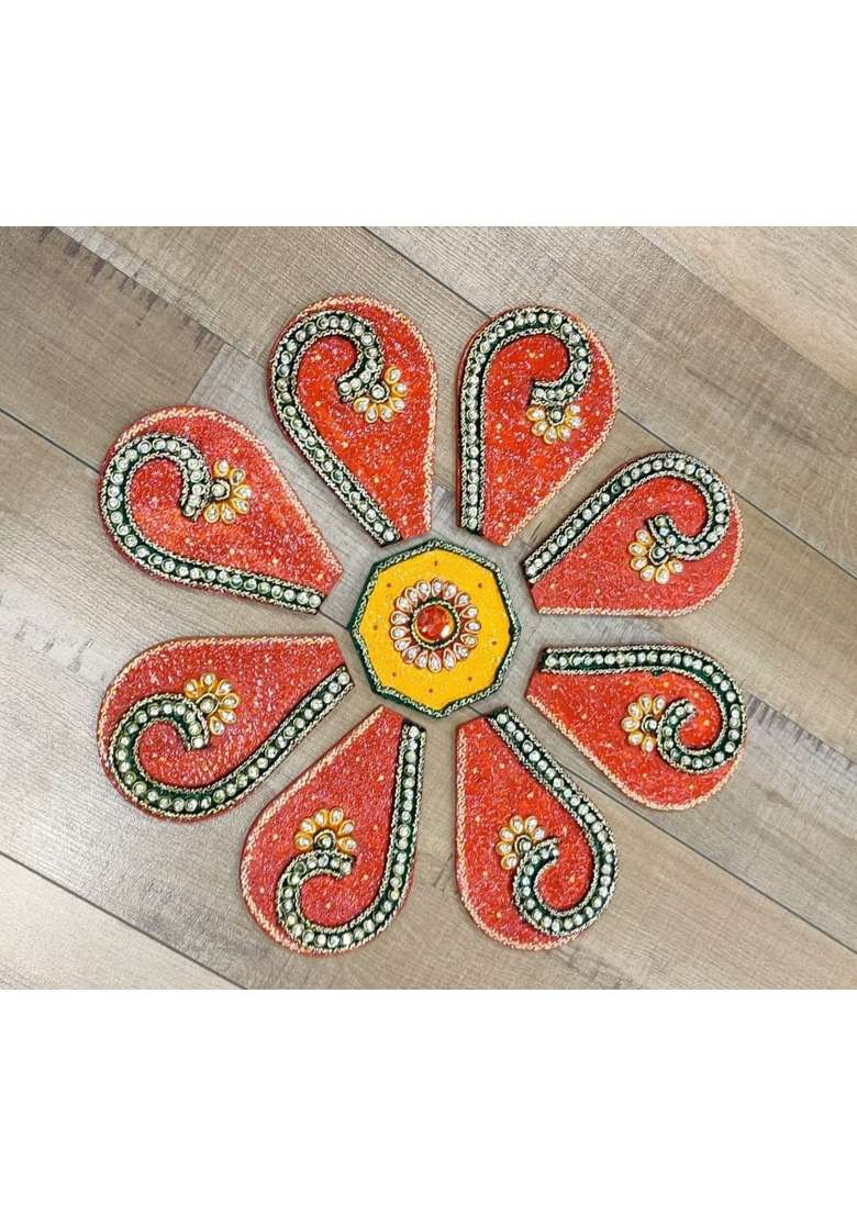 Mishita Collections Wooden Handcrafted Decorative Rangoli Set with Kundan Work for Diwali - Indya