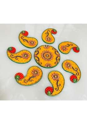 Mishita Collections Yellow Wooden Handcrafted Decorative Rangoli Set with Kundan Work for Diwali