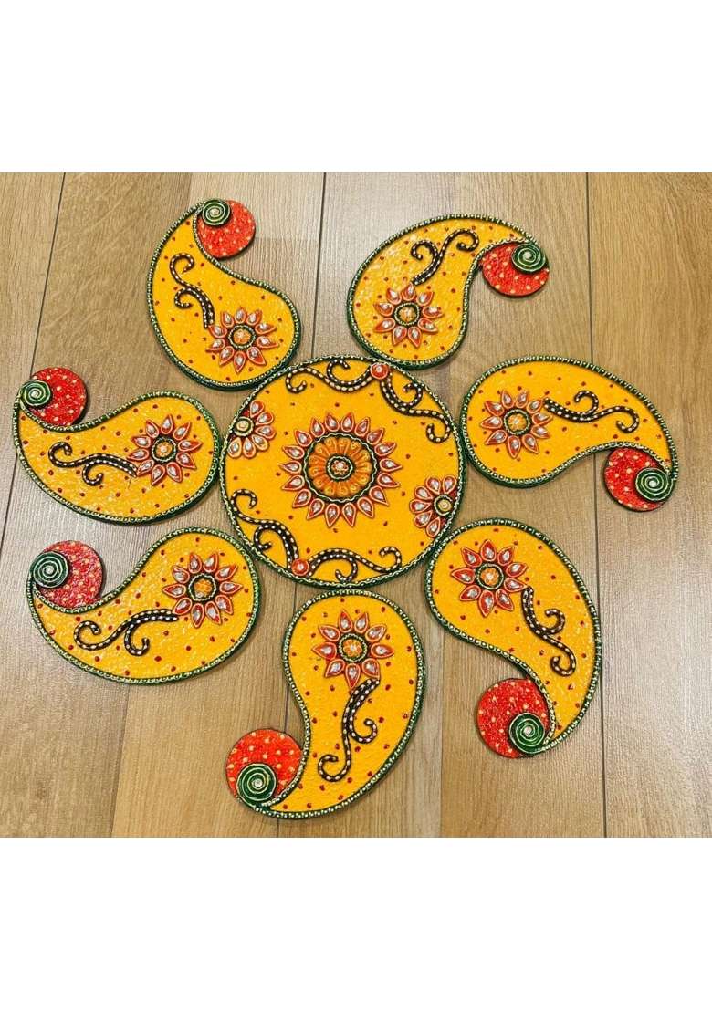 Mishita Collections Yellow Wooden Handcrafted Decorative Rangoli Set with Kundan Work for Diwali - Indya