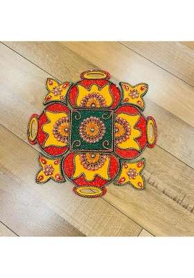 Mishita Collections Multicolour Wooden Handcrafted Matki Decorative Rangoli Set with Kundan Work for Diwali