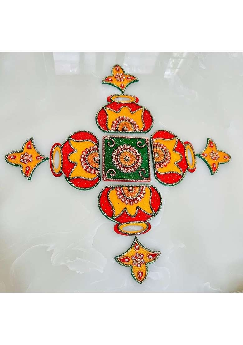 Mishita Collections Multicolour Wooden Handcrafted Matki Decorative Rangoli Set with Kundan Work for Diwali - Indya