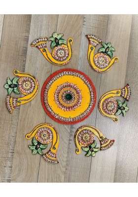 Mishita Collections Wooden Handcrafted Decorative Multi Color Shehnai and Kalash Rangoli Set with Kundan Work