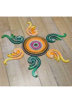 Mishita Collections Multicolour Wooden Handcrafted Decorative Fire Rangoli Set with Kundan Work for Diwali