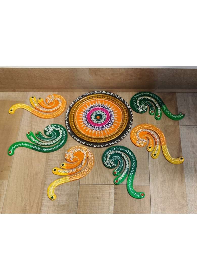 Mishita Collections Multicolour Wooden Handcrafted Decorative Fire Rangoli Set with Kundan Work for Diwali - Indya