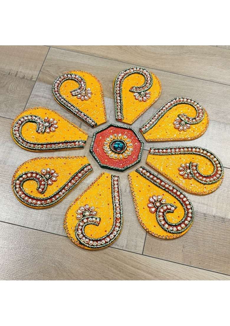 Mishita Collections Wooden Handcrafted Decorative Rangoli Set with Kundan Work for Diwali - Indya