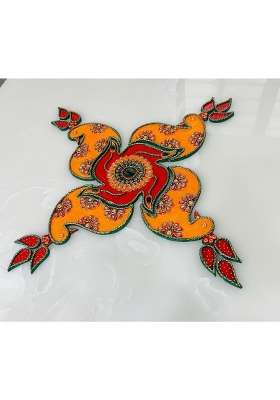 Mishita Collections Yellow Wooden Handcrafted Decorative Rangoli Set with Kundan Work for Diwali