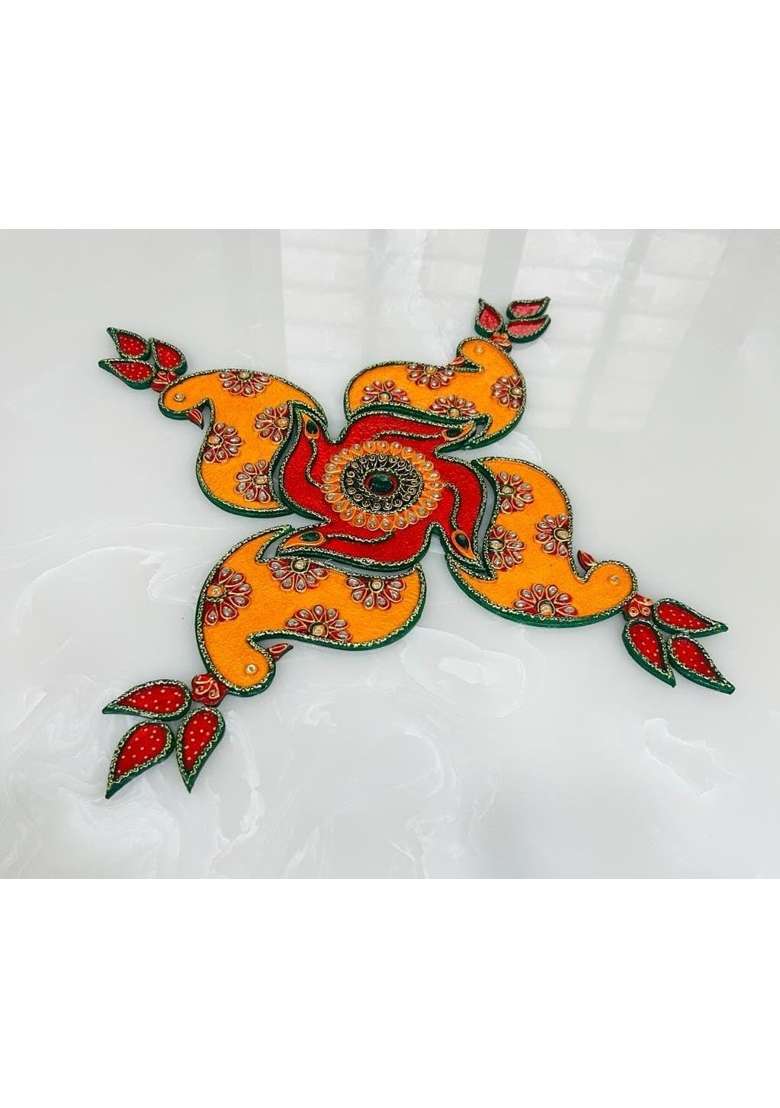 Mishita Collections Yellow Wooden Handcrafted Decorative Rangoli Set with Kundan Work for Diwali - Indya