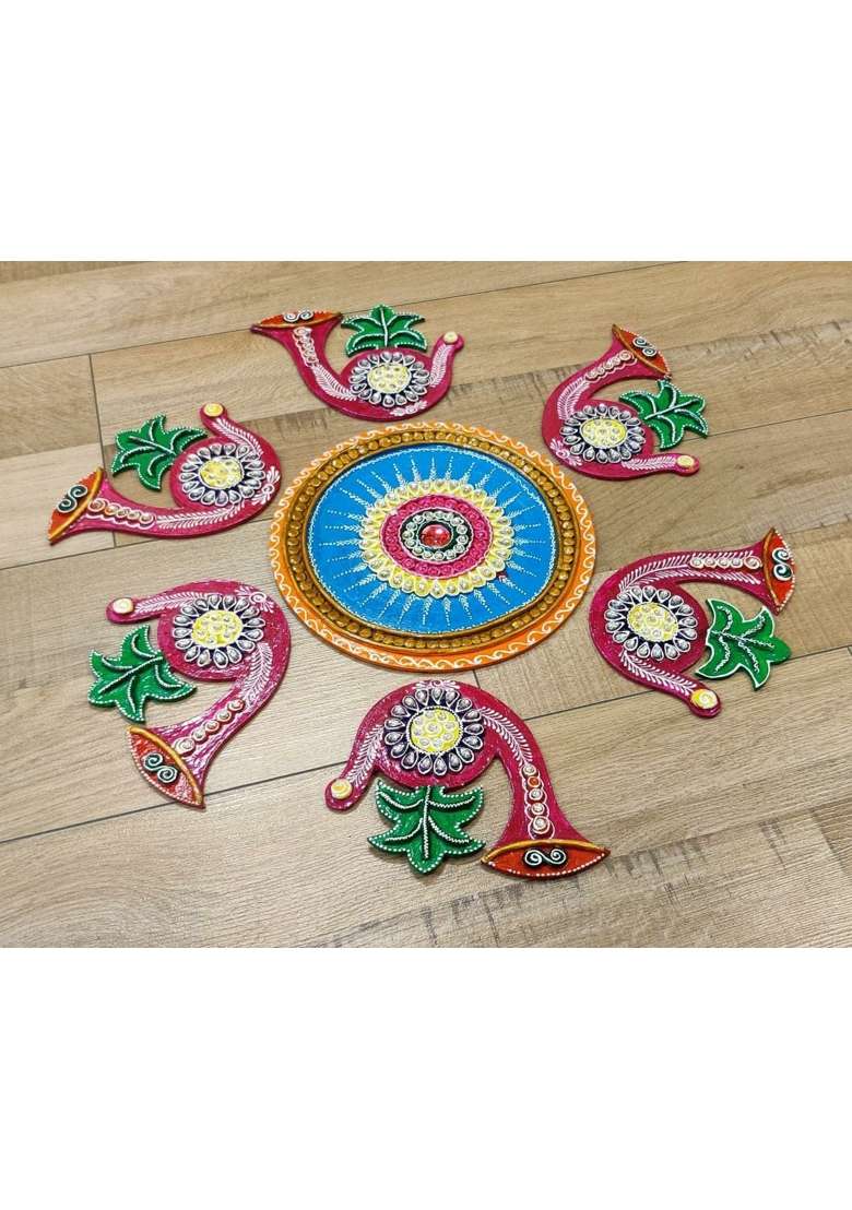 Mishita Collections Wooden Handcrafted Decorative Shehnai and Kalash Rangoli Set with Kundan Work for Diwali - Indya