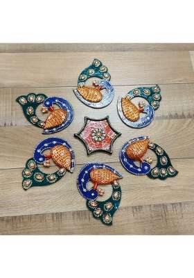 Mishita Collections Wooden Handcrafted Decorative Small Peacock Rangoli Set with Kundan Work for Diwali