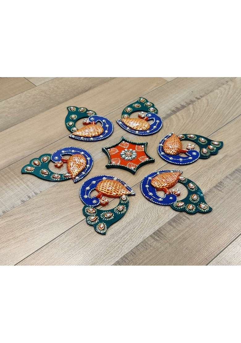 Mishita Collections Wooden Handcrafted Decorative Small Peacock Rangoli Set with Kundan Work for Diwali - Indya