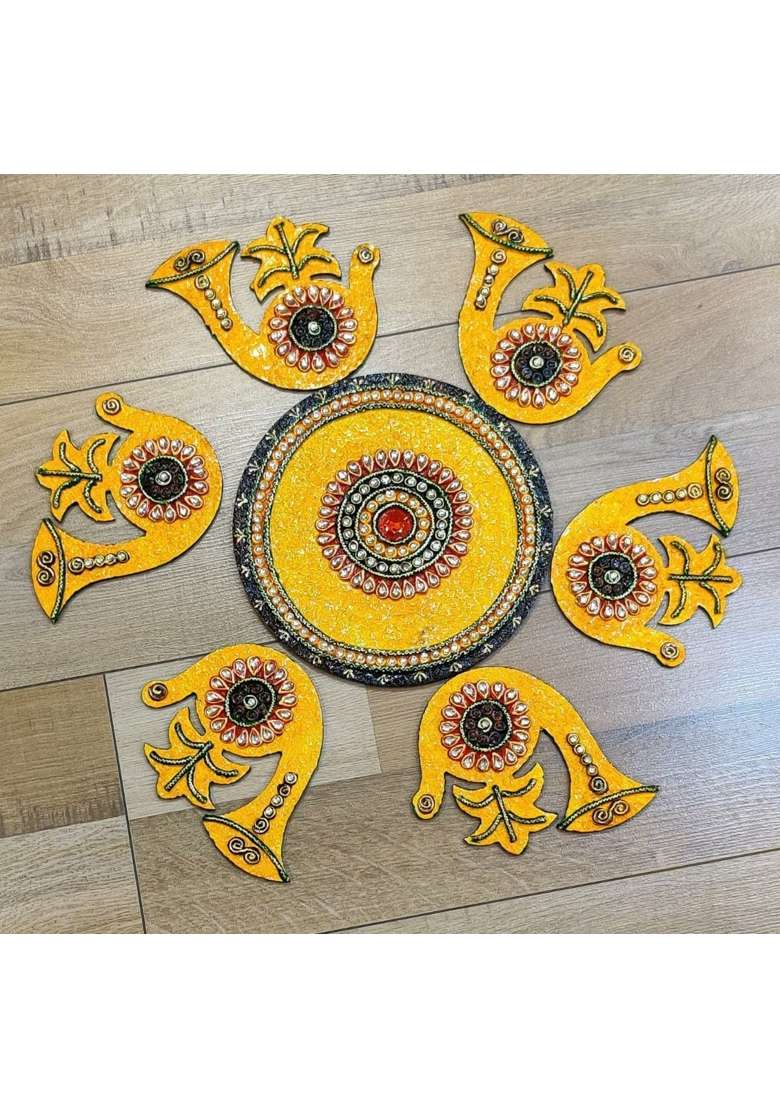 Mishita Collections Wooden Handcrafted Decorative Shehnai and Kalash Rangoli Set with Kundan Work for Diwali - Indya