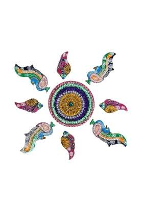 Mishita Collections Multicolour Wooden Handcrafted Decorative Big Peacock Rangoli Set with Kundan Work