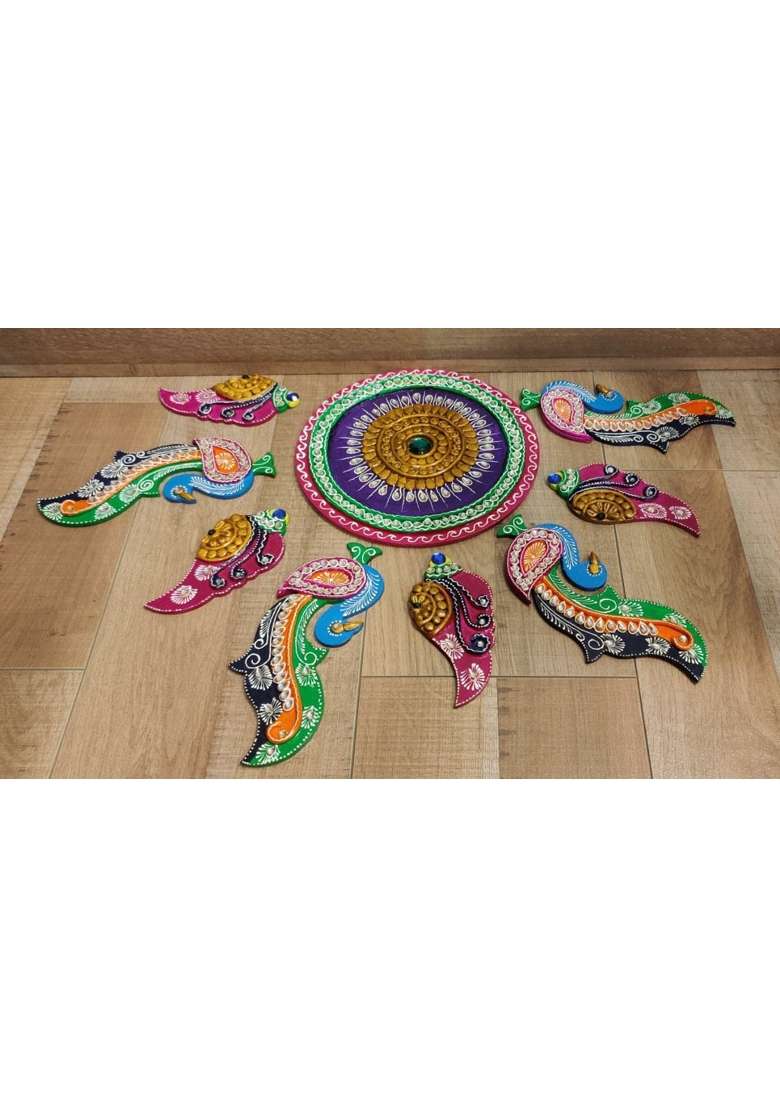 Mishita Collections Multicolour Wooden Handcrafted Decorative Big Peacock Rangoli Set with Kundan Work - Indya