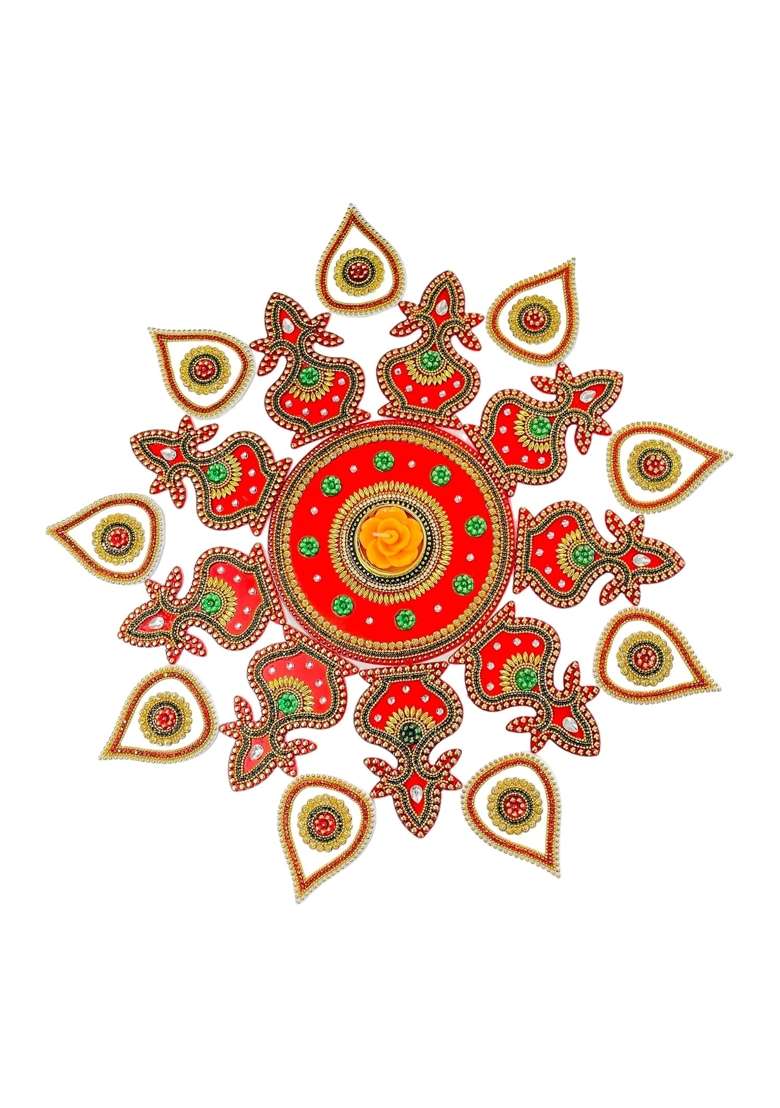 Kriwin Red XL Size Acrylic Reusable Handcrafted Decorative Rangoli 19Pcs Set Intricate Designs - Indya