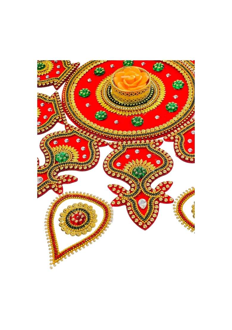 Kriwin Red XL Size Acrylic Reusable Handcrafted Decorative Rangoli 19Pcs Set Intricate Designs - Indya