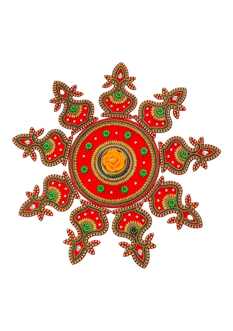 Kriwin Red XL Size Acrylic Reusable Handcrafted Decorative Rangoli 19Pcs Set Intricate Designs - Indya