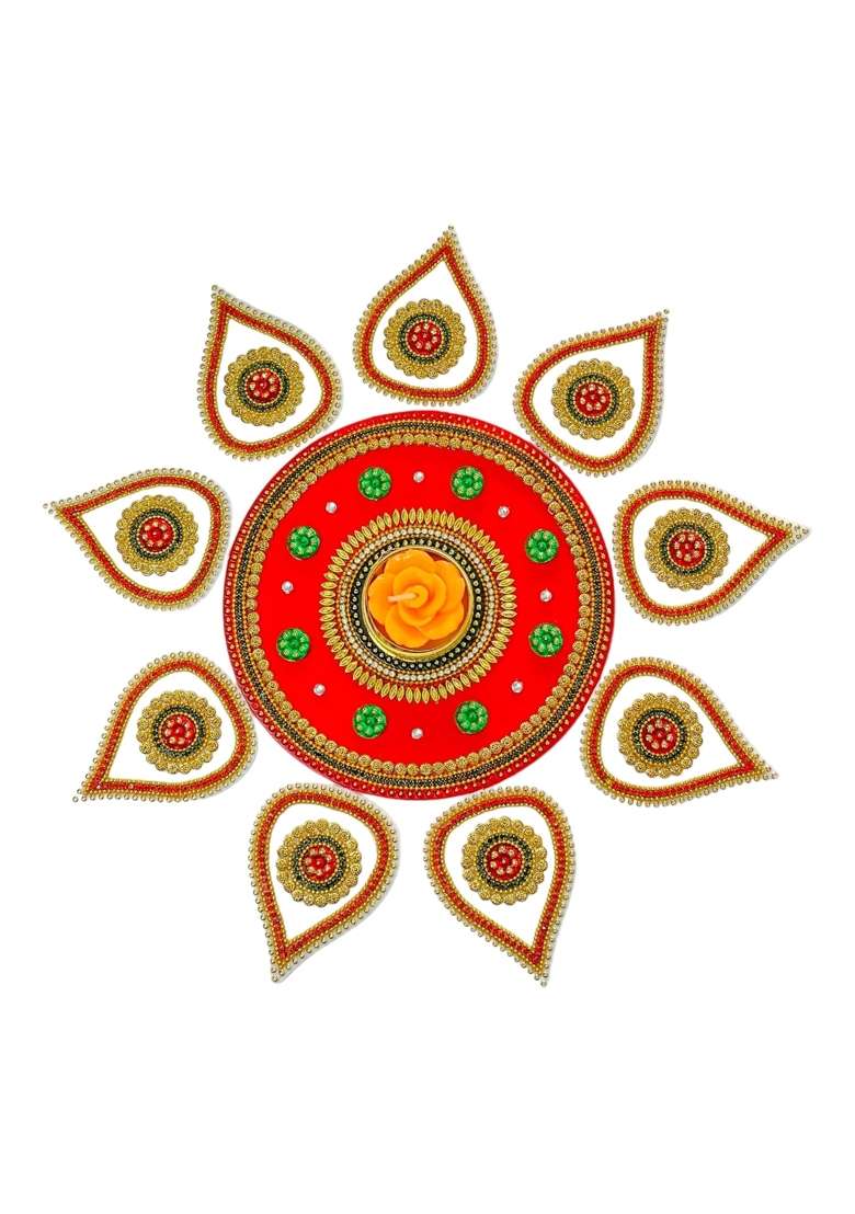 Kriwin Red XL Size Acrylic Reusable Handcrafted Decorative Rangoli 19Pcs Set Intricate Designs - Indya