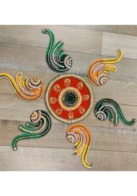 Mishita Collections Wooden Handcrafted Decorative Multi Color Fire Rangoli Set with Kundan Work for Diwali