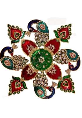 Multicolour 10x10 Inches Peacock Rangoli Set with Bel Booti Work for Decoration Metal D Cor Piece