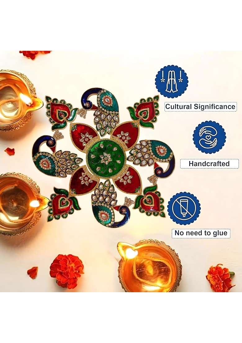 Multicolour 10x10 Inches Peacock Rangoli Set with Bel Booti Work for Decoration Metal D Cor Piece - Indya