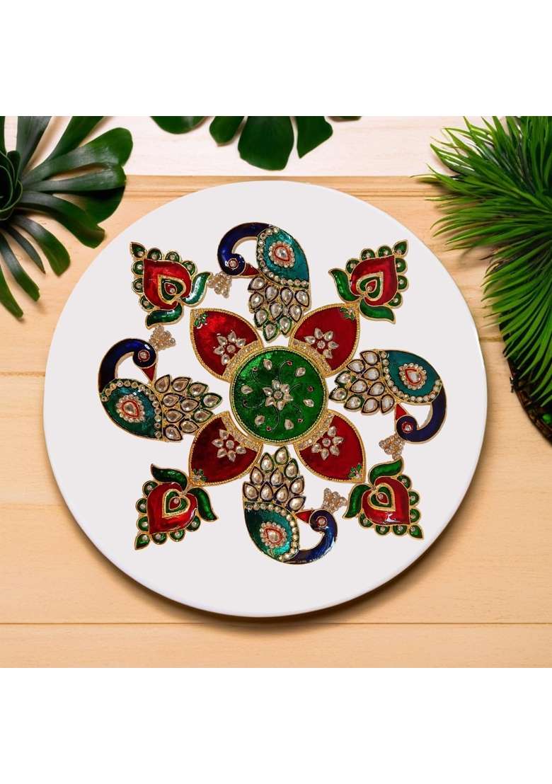 Multicolour 10x10 Inches Peacock Rangoli Set with Bel Booti Work for Decoration Metal D Cor Piece - Indya