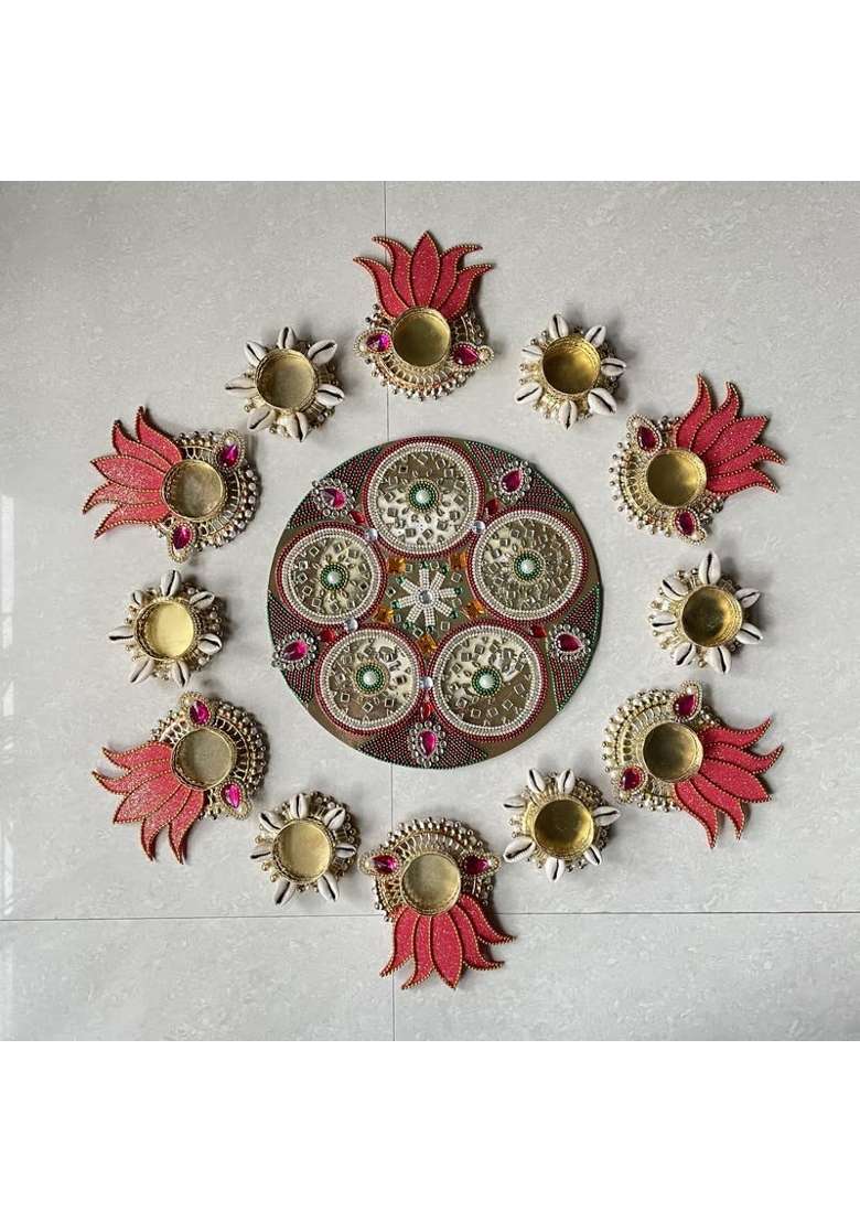 Aabhaas Design Multicolour Handmade Floor Decoration Resuable Rangoli Diwali Diye 10 Pack of 1 - Indya