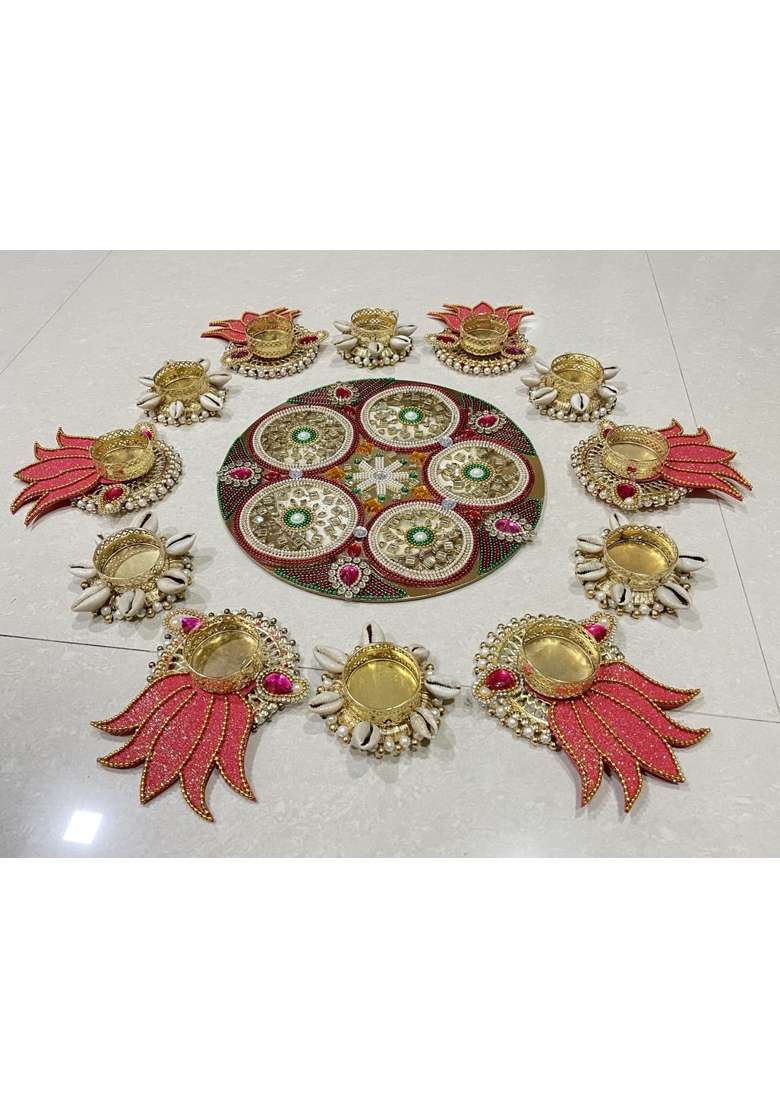 Aabhaas Design Multicolour Handmade Floor Decoration Reusable Rangoli Diwali Diye Candle Holder Pack of 1 - Indya