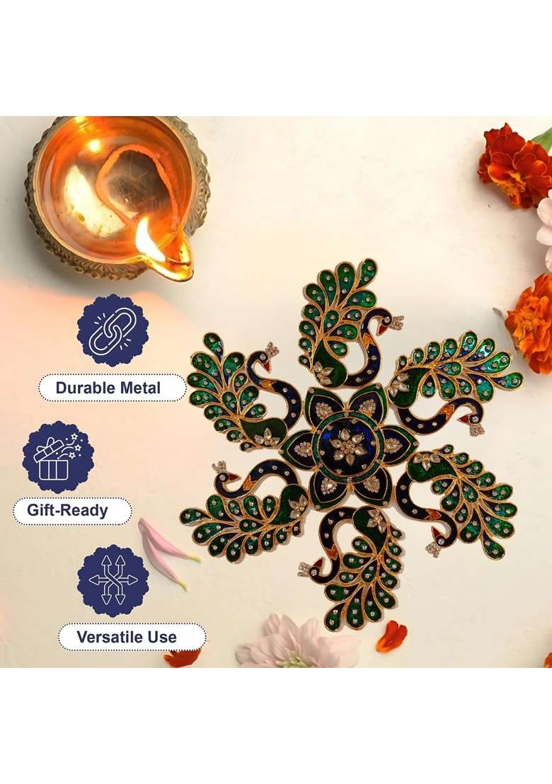 Multicolour Kajal Enterprises Peacock Feather Metal Rangoli Set for Decoration Peacock Metal D Cor Piece - Indya