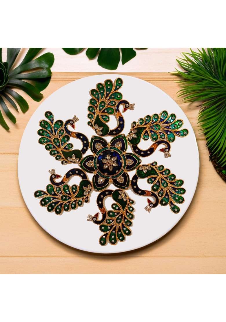 Multicolour Kajal Enterprises Peacock Feather Metal Rangoli Set for Decoration Peacock Metal D Cor Piece - Indya