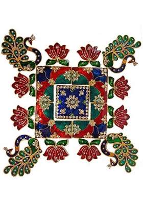 Multicolour 12x12 Inches Peacock and Lotus Rangoli Set for Decoration Square Shaped Metal D Cor Piece