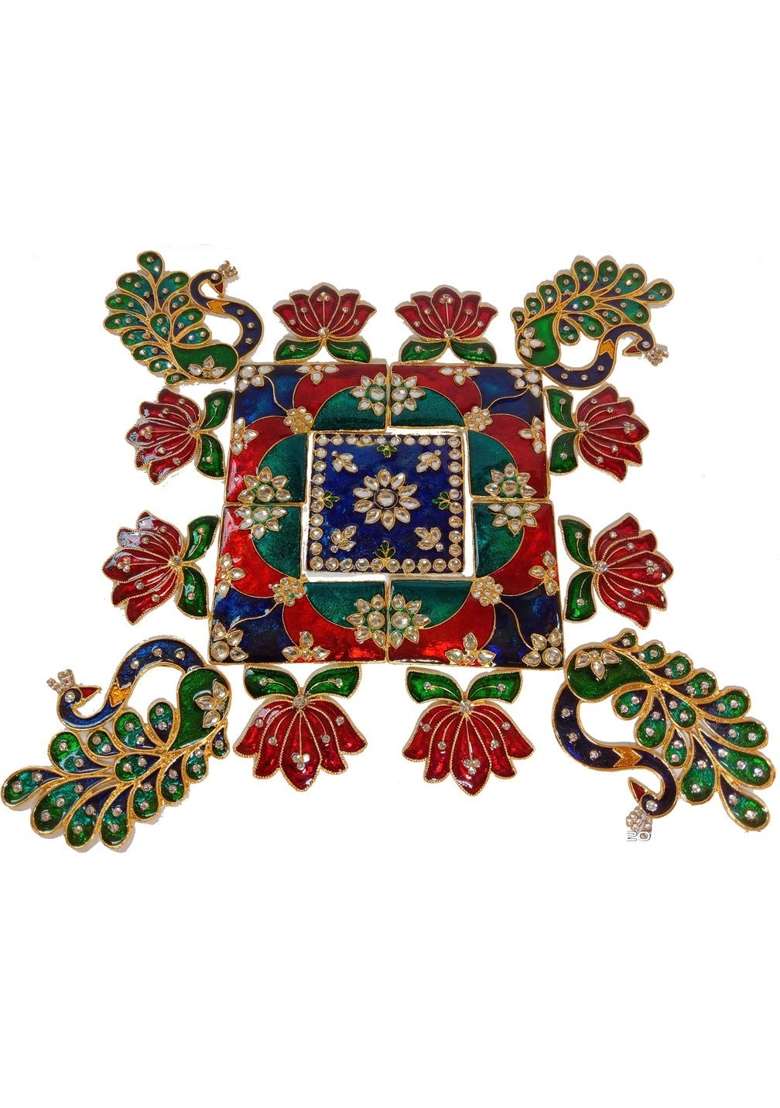 Multicolour 12x12 Inches Peacock and Lotus Rangoli Set for Decoration Square Shaped Metal D Cor Piece - Indya