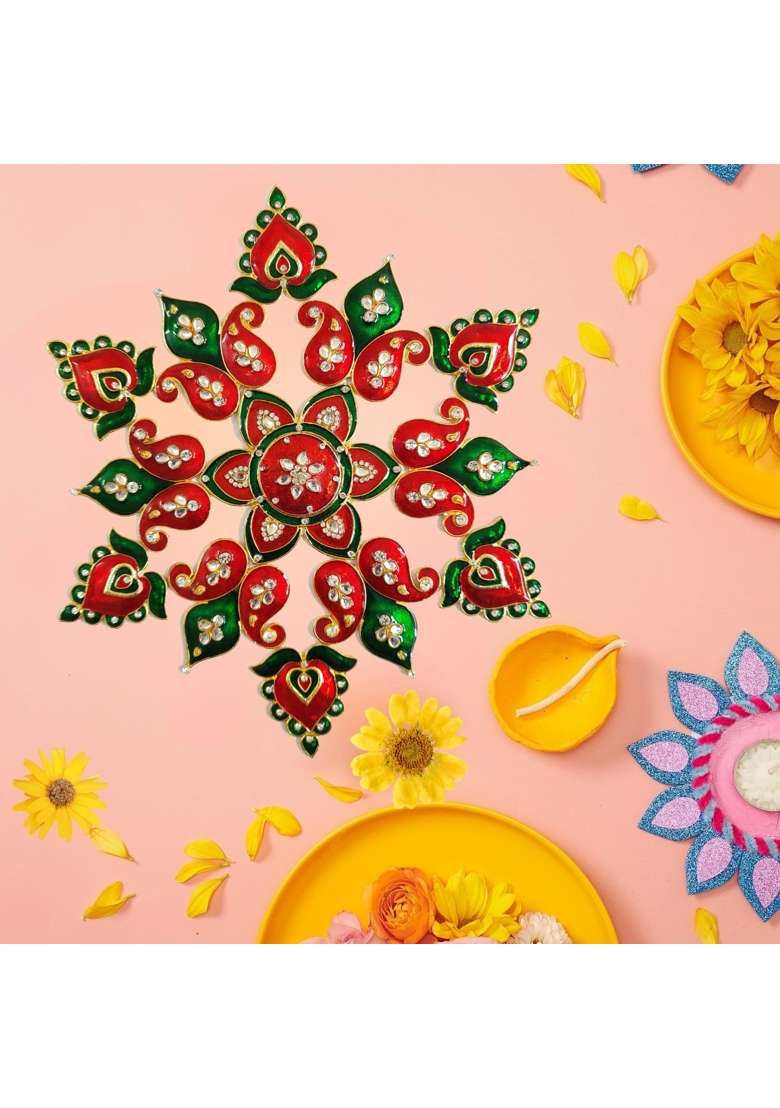 Multicolour Floral Paan Shaped Rangoli Set for Decoration Metal D Cor Piece for Table Wall - Indya