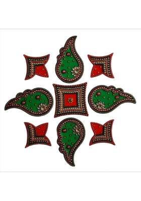 Globalkart Impex Red and Green Colour Shank Shape Acrylic Rangoli Piece for Festival and Home Decor Set of 9