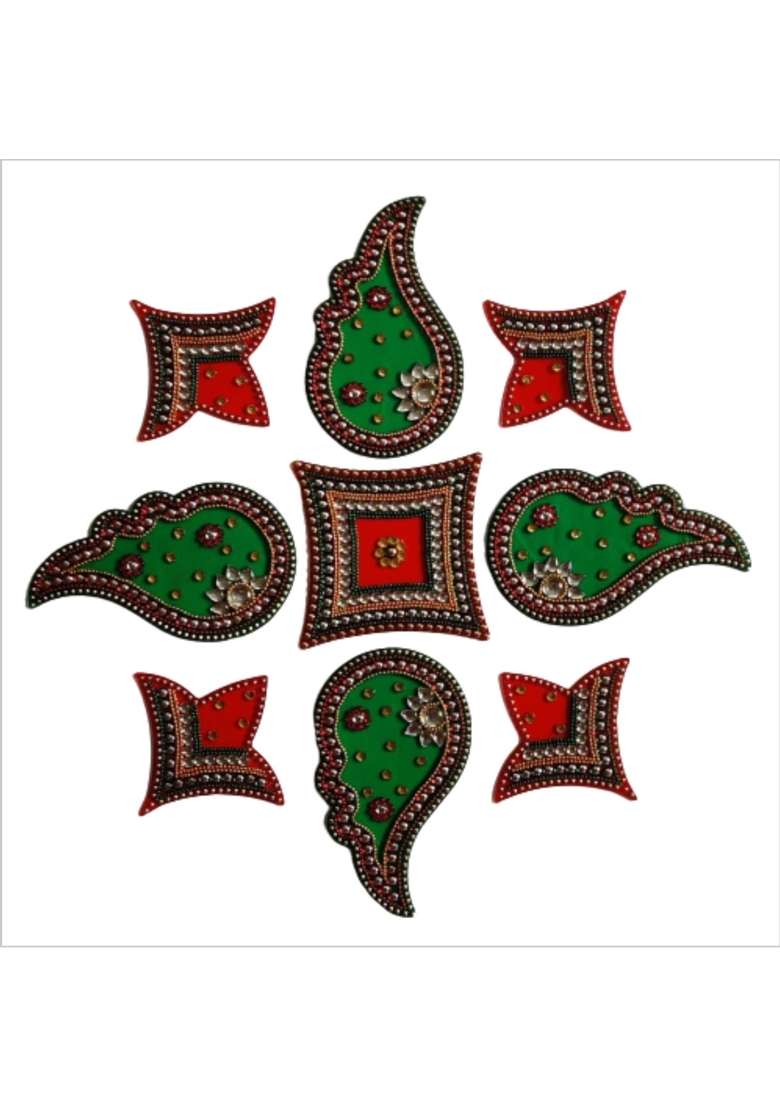 Globalkart Impex Red and Green Colour Shank Shape Acrylic Rangoli Piece for Festival and Home Decor Set of 9 - Indya