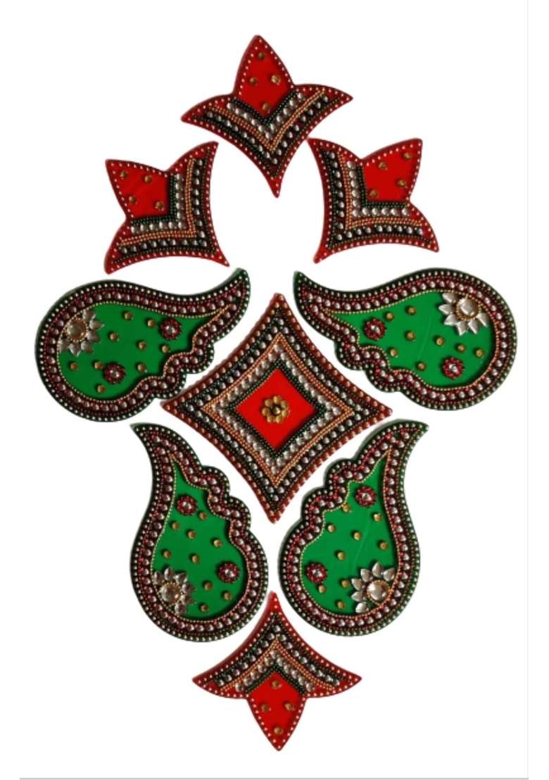 Globalkart Impex Red and Green Colour Shank Shape Acrylic Rangoli Piece for Festival and Home Decor Set of 9 - Indya