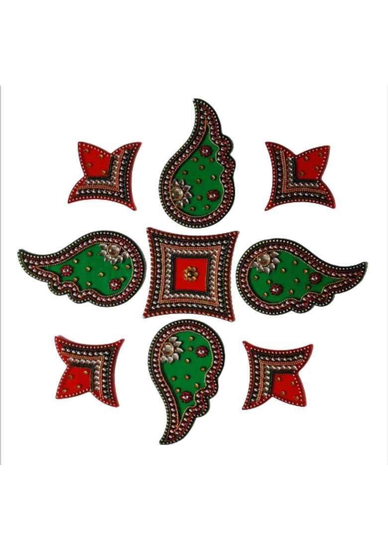 Globalkart Impex Red and Green Colour Shank Shape Acrylic Rangoli Piece for Festival and Home Decor Set of 9 - Indya