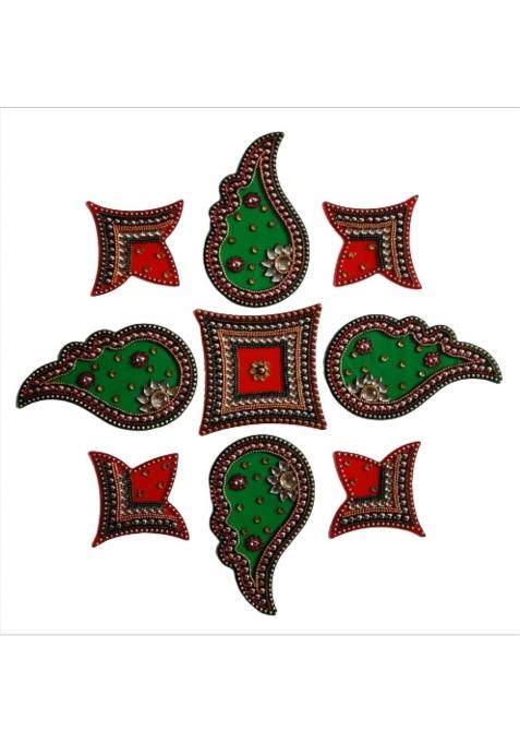Globalkart Impex Red and Green Colour Shank Shape Acrylic Rangoli Piece for Festival and Home Decor Set of 9