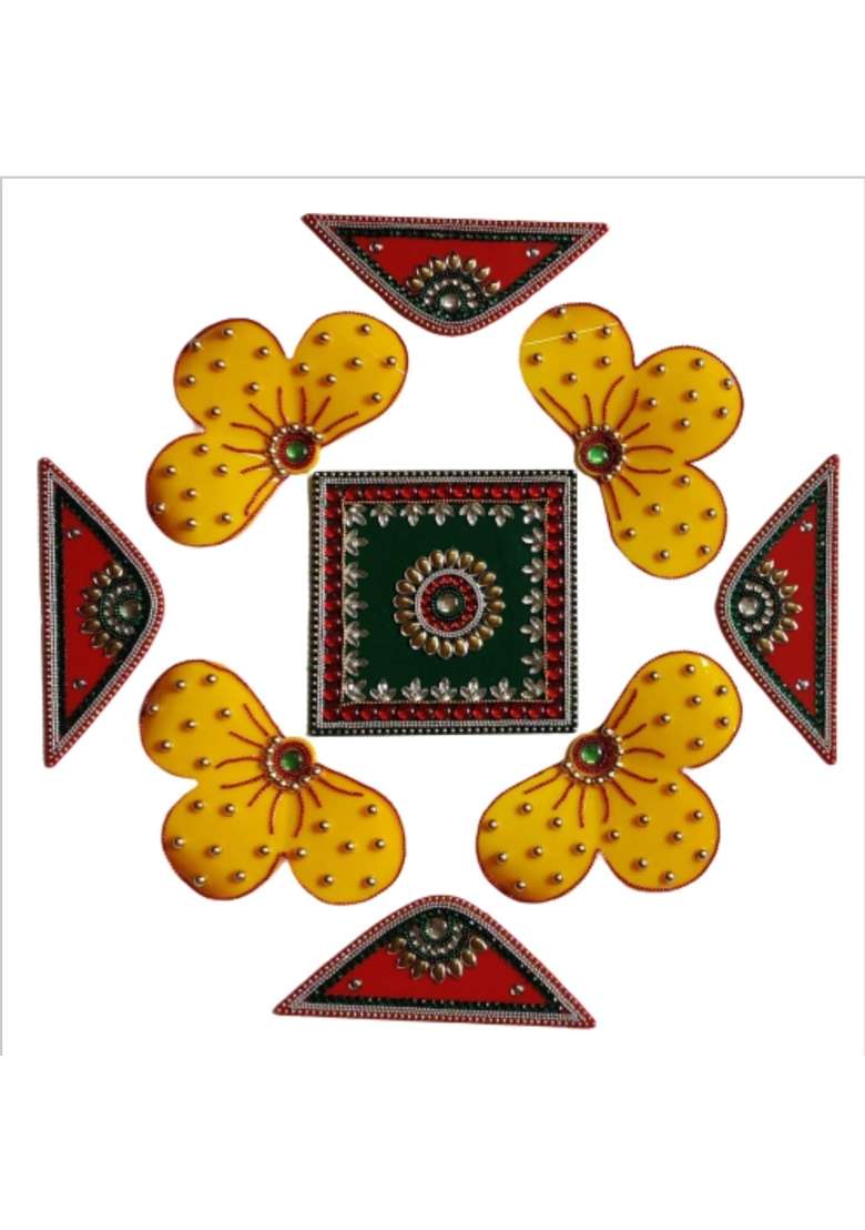 Globalkart Impex Red Yellow Colour New Flower Shape Acrylic Rangoli Piece Set of 9 - Indya