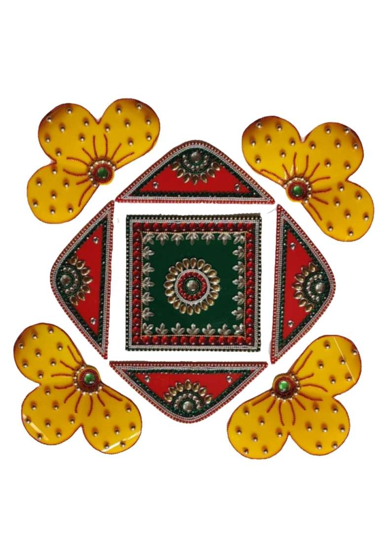 Globalkart Impex Red Yellow Colour New Flower Shape Acrylic Rangoli Piece Set of 9 - Indya