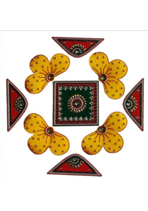 Globalkart Impex Red Yellow Colour New Flower Shape Acrylic Rangoli Piece Set of 9