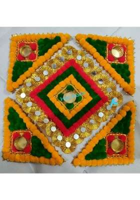 BDS Creations Artificial Marigold Flower Mat Aasan Rangoli Mats on Canvas Set of 5